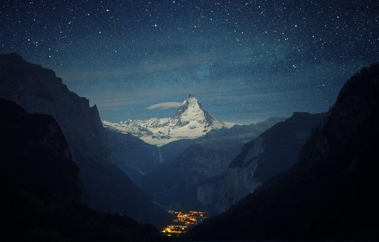 1332x850 Wallpaper mountains, night, valley, town, Switzerland, Alps, Matterhorn, the Lauterbrunnen valley image for desktop, section пейзажи