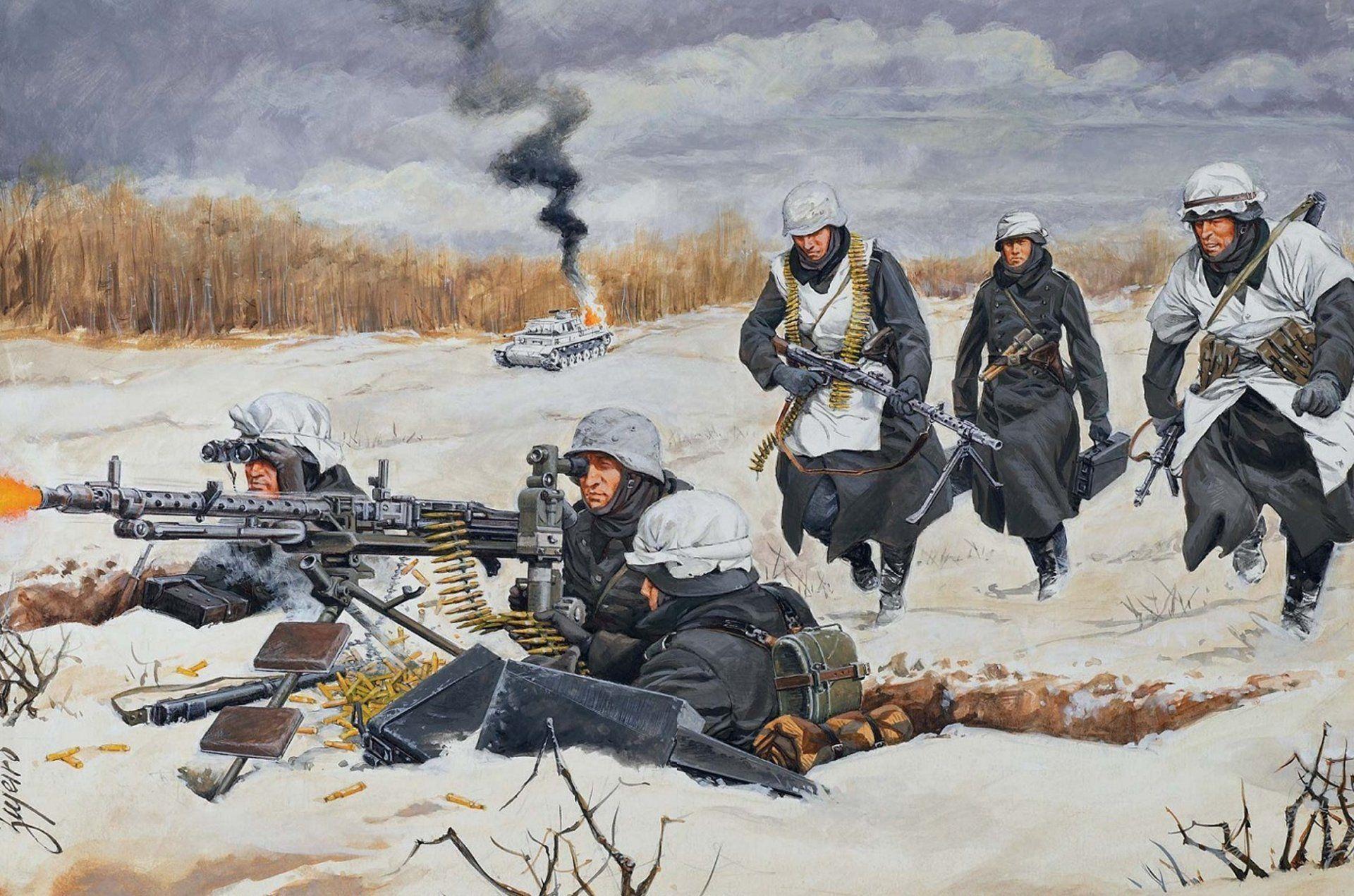1920x1271 art winter snow german men mg -34 fire position shots hot tank