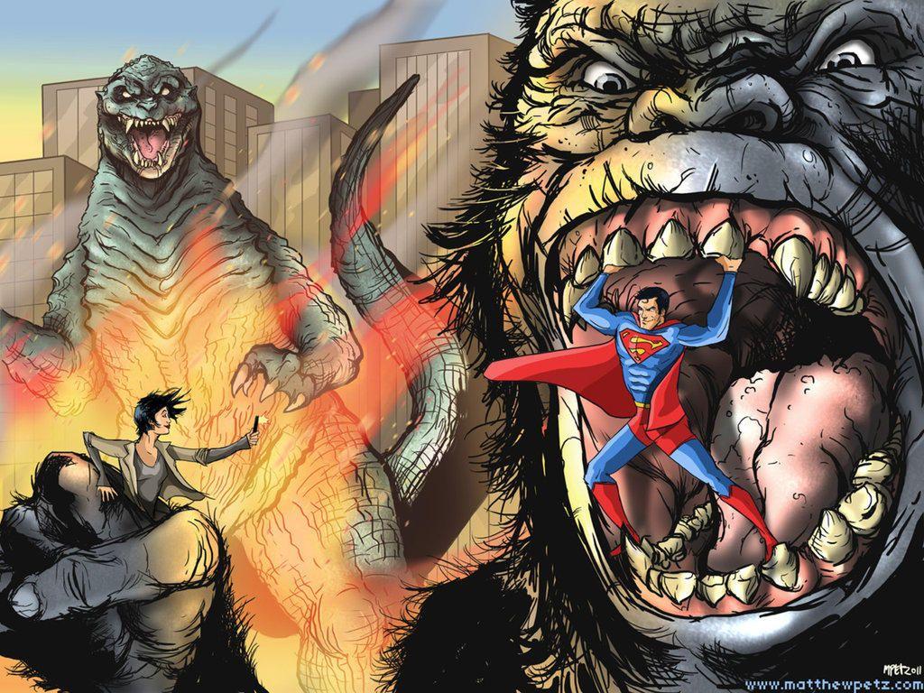 1024x768 Superman vs Godzilla Vs King Kong