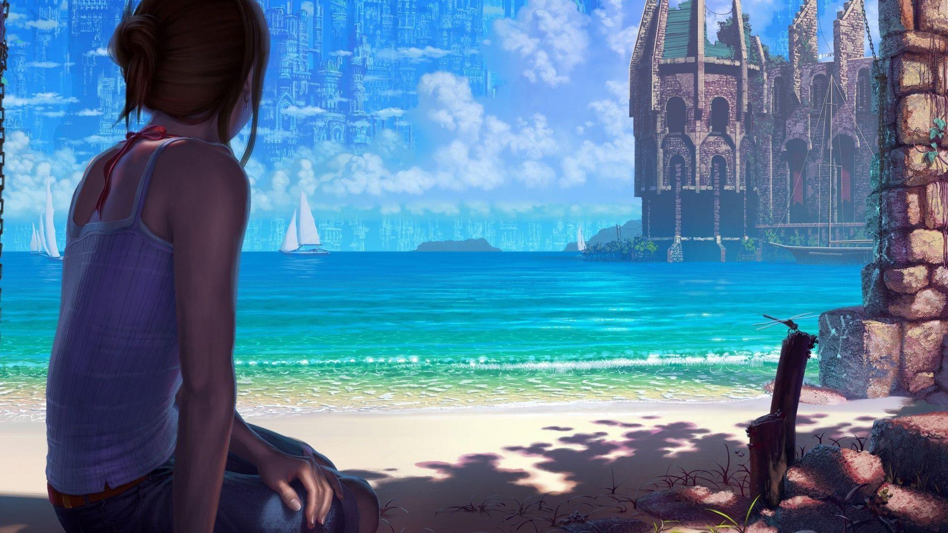 1920x1080 #beach, #people, #concept art, #artwork, #women, wallpaper
