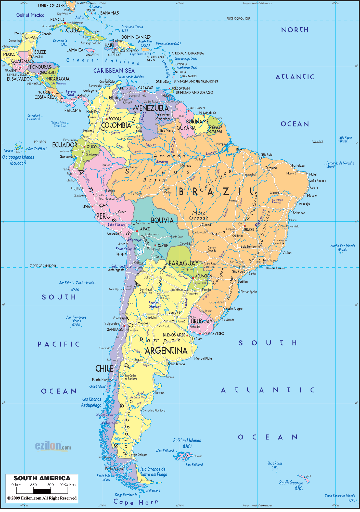 1412x2007 map of south america Large Image