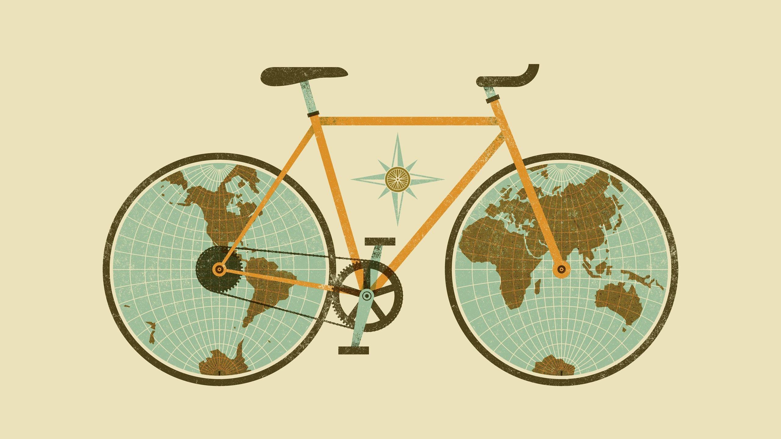 2560x1440 digital Art, Simple Background, Minimalism, Bicycle, World Map