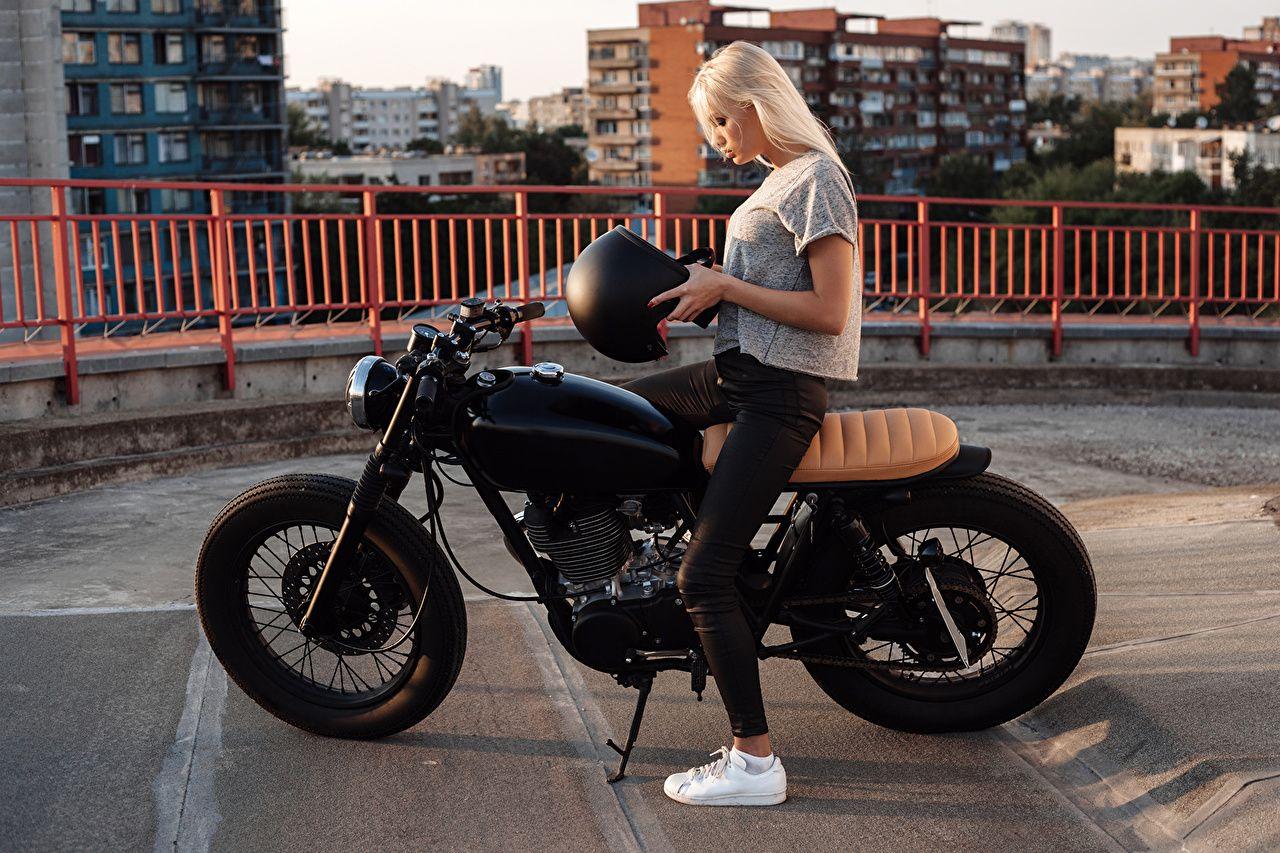 1280x853 Desktop Wallpaper Blonde girl Helmet Motorcycles young woman