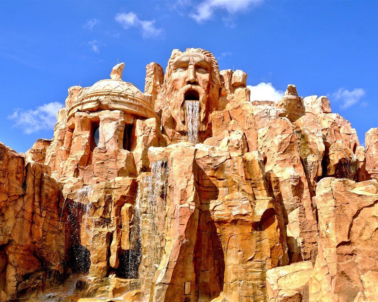 1280x1024 Wallpaper USA, Universal Studios, statue, waterfall, Hollywood