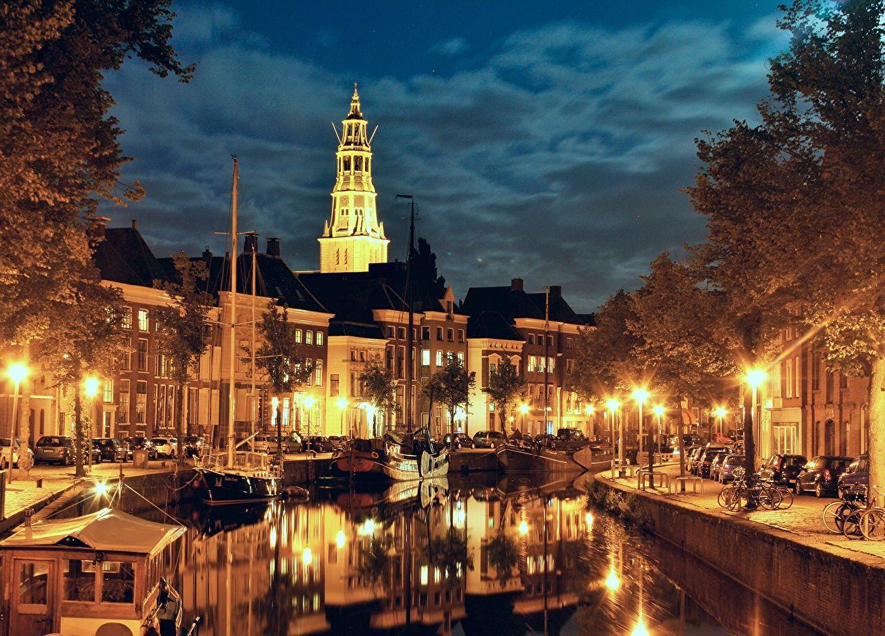 1280x920 Photo Groningen Netherlands Canal night time Cities Houses