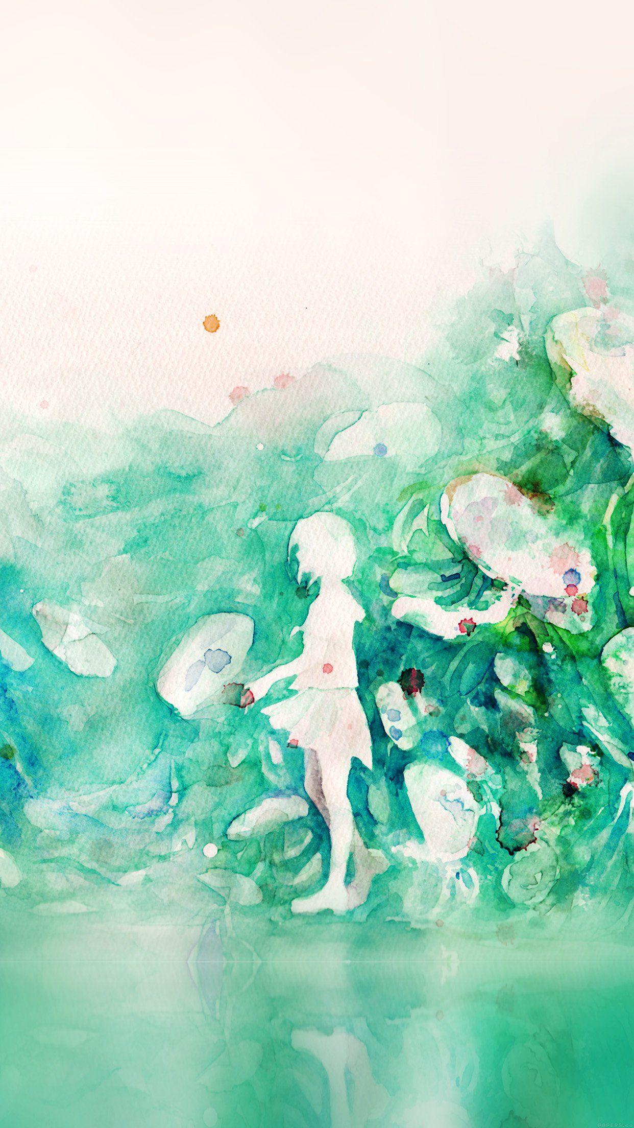 1242x2208 Watercolor Green Girl Nature Art Illust Android wallpaper HD wallpaper