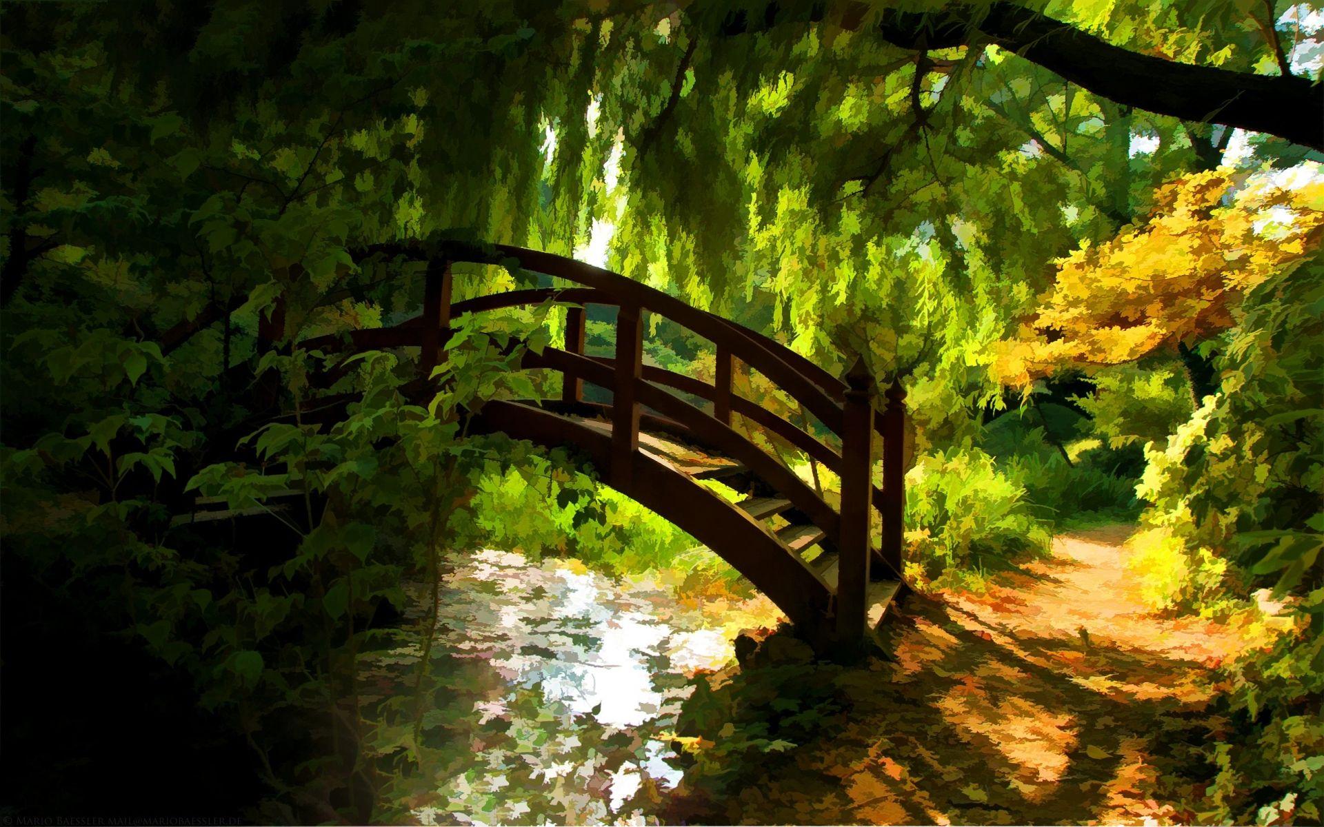 1920x1200 world, Art, Paintings, Watercolor, Nature, Architecture, Bridges, Garden, Rivers, Stream, Trees, Forest, Spring, Sunlight, Color, Shade, Season Wallpaper HD / Desktop and Mobile Background