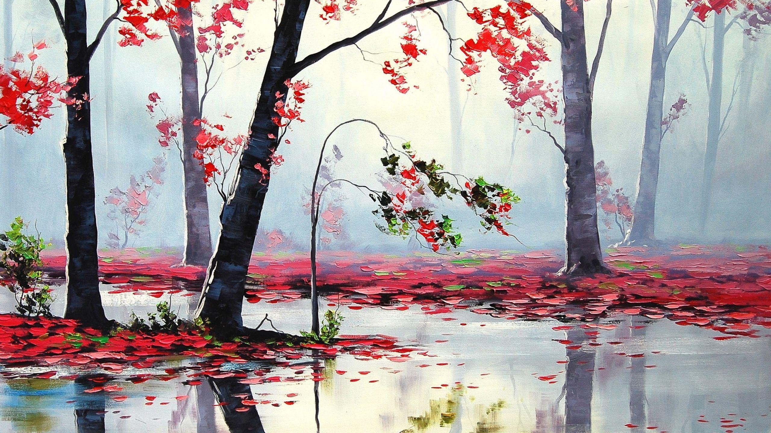 2560x1440 Art Autumn Trees River MacBook Air Wallpaper Download
