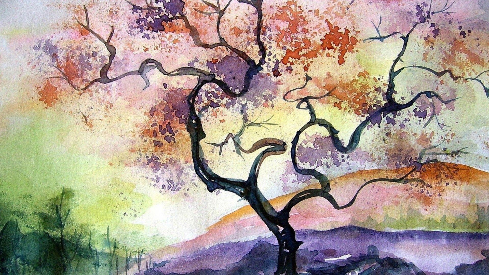 1920x1080 #hills, #painting, #colorful, #cherry blossom, #warm colors, #artwork, #trees, #watercolor, #landscape, #nature, wallpaper. Mocah.org HD Wallpaper
