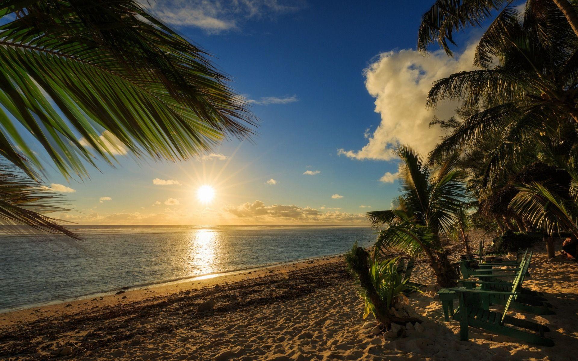 1920x1200 Download wallpaper Beach, sunset, ocean, palm trees, Cook Islands
