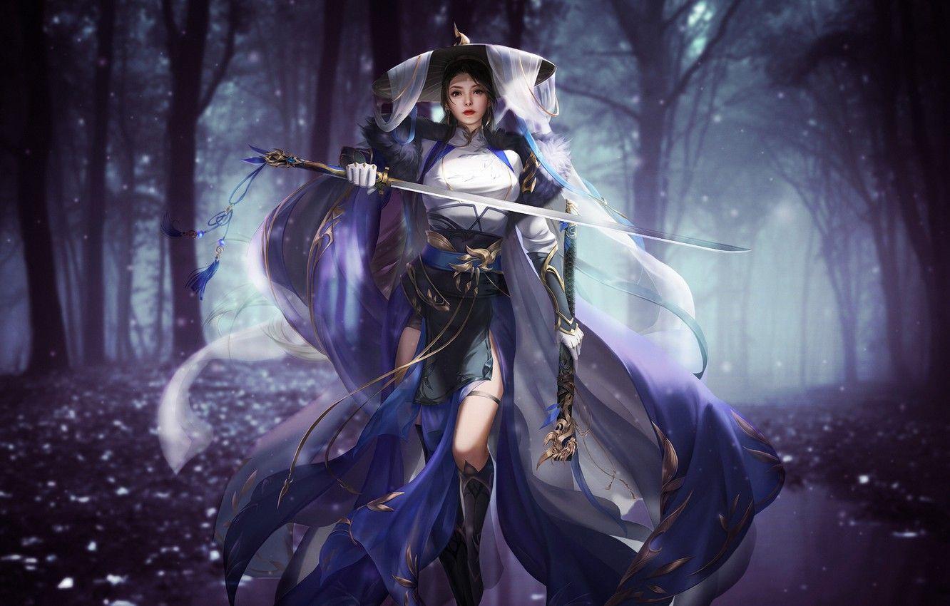 1332x850 Wallpaper Girl, Forest, Style, Asian, Girl, Sword, Warrior, Dress, Fantasy, Asian, Beauty, Style, Warrior, Fiction, Beauty, Illustration image for desktop, section фантастика
