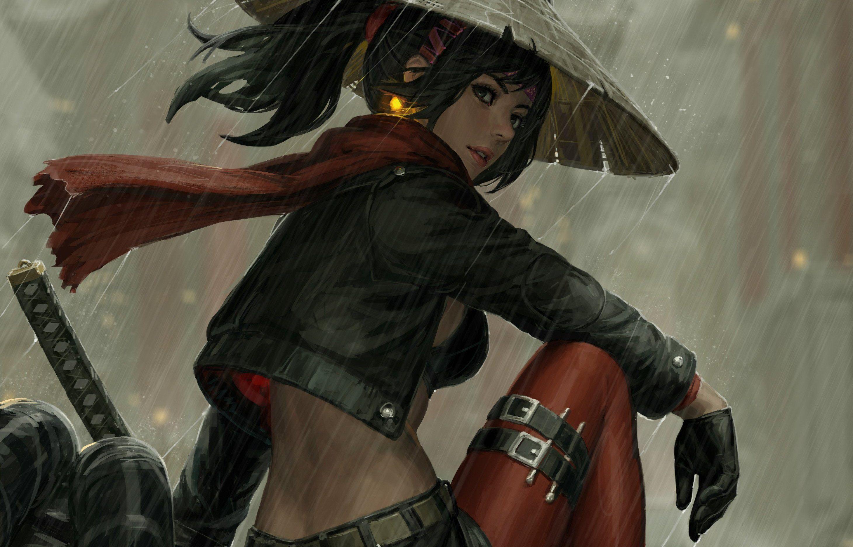 2921x1873 Asian Conical Hat, Samurai, Ponytail, Rain, Girl, Woman Warrior, Black Hair wallpaper. Mocah.org HD Wallpaper
