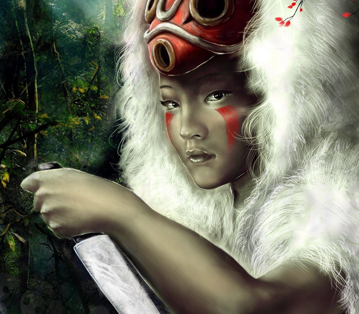 1173x1024 Wallpaper warrior Knife Face female Fantasy Asian Masks Staring