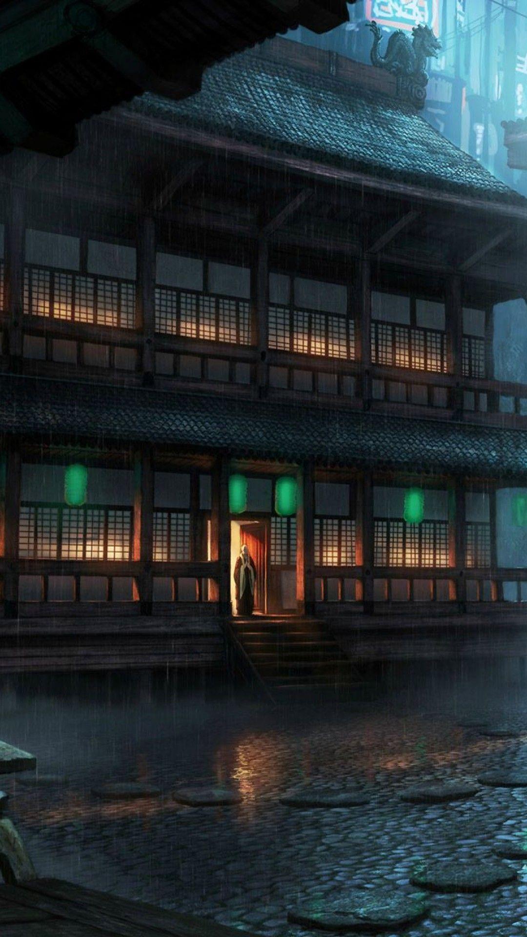 1080x1920 Raining in a Japanese Village HD Wallpaper iPhone 6 / 6S Plus