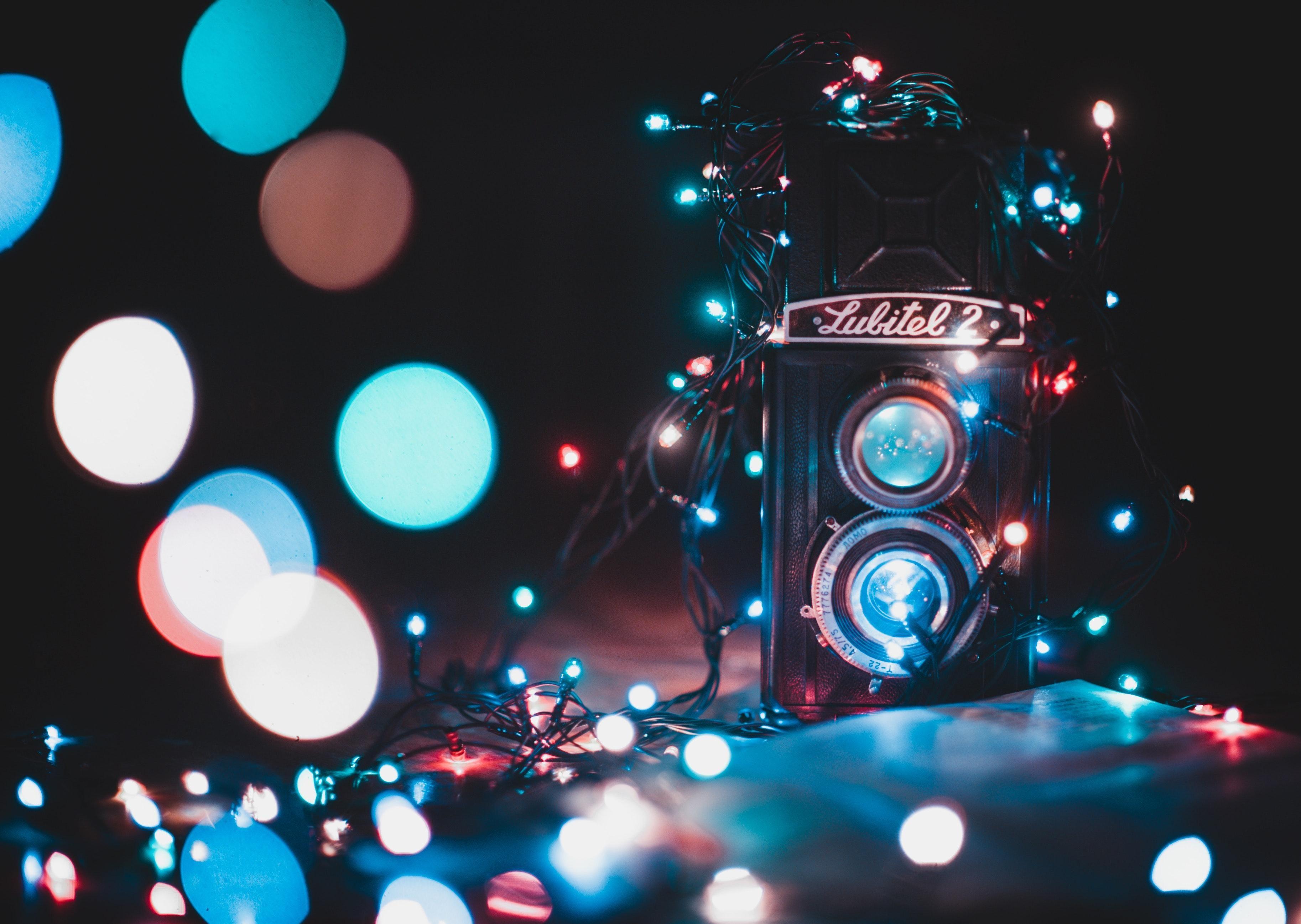3653x2595 wallpaper camera, glare, garland, bokeh, retro, vintage HD