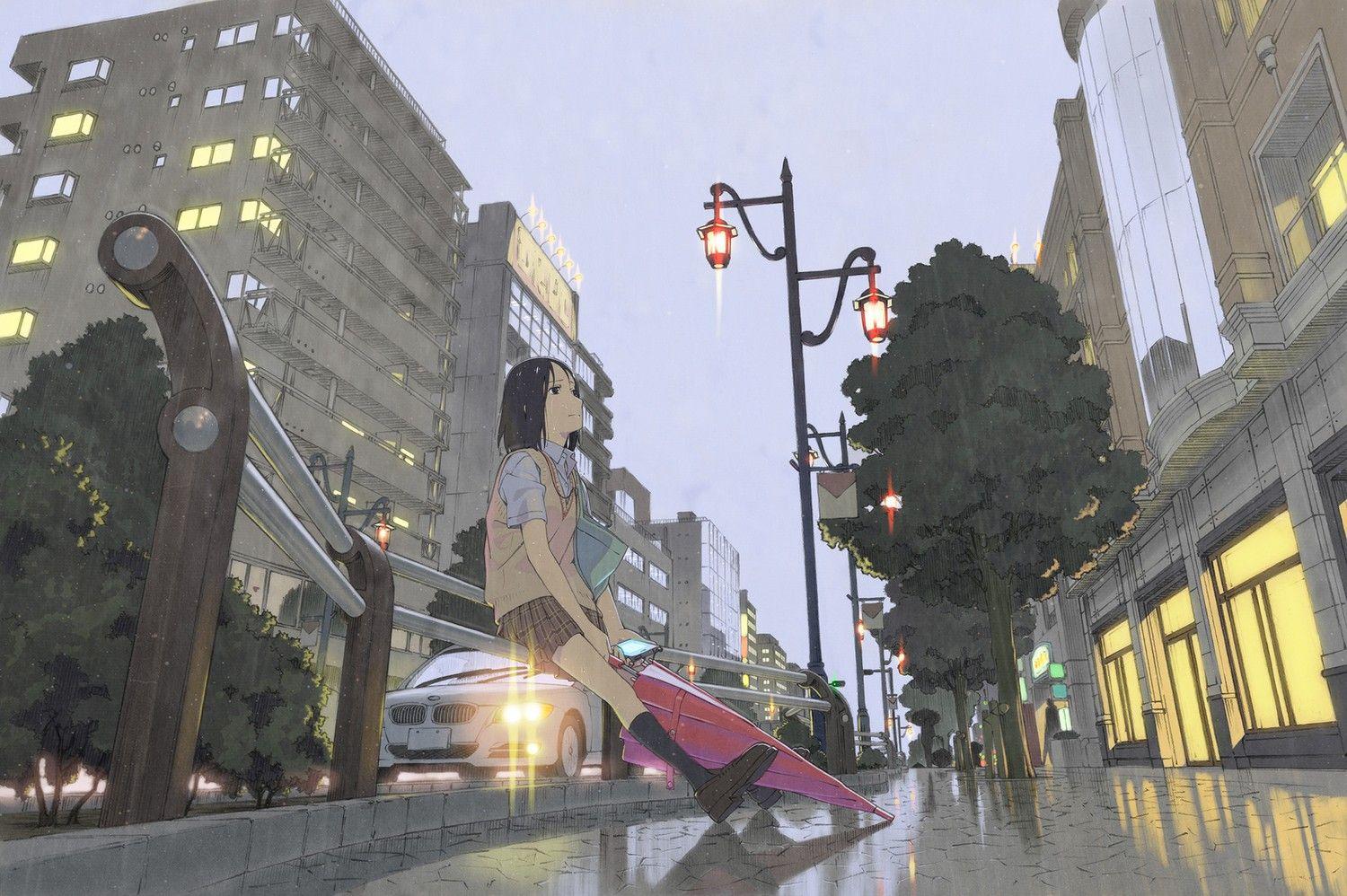 1500x998 #city, #waiting, #anime girls, #anime, #alone, #rain