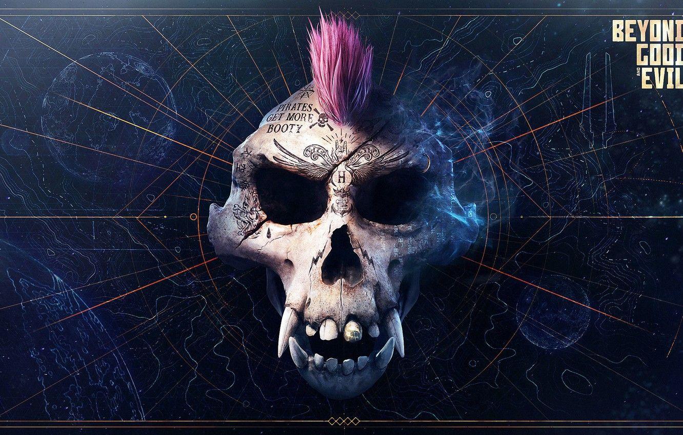 1332x850 Wallpaper monkey, tatoo, map, scull, dark background, Beyond Good
