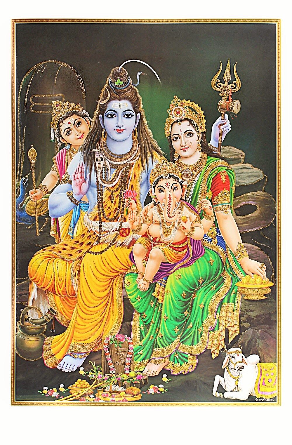 1000x1524 Shiv Pariwar With Golden Art Zari Work Poster Without Frame (25 X 36 Inches)