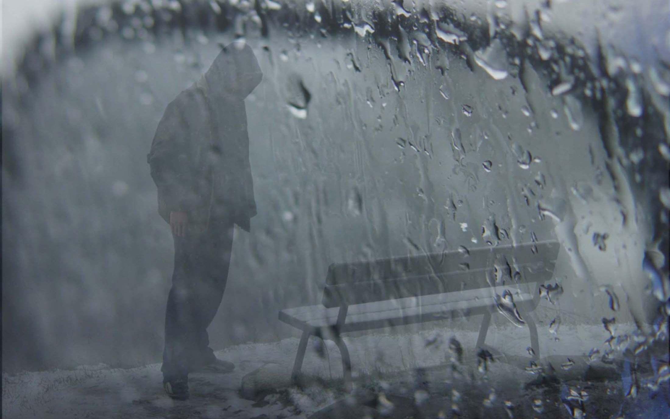 2200x1375 Sad Boy Wearing Hood Standing in Rain With Bench wallpaper. Best HD Wallpaper