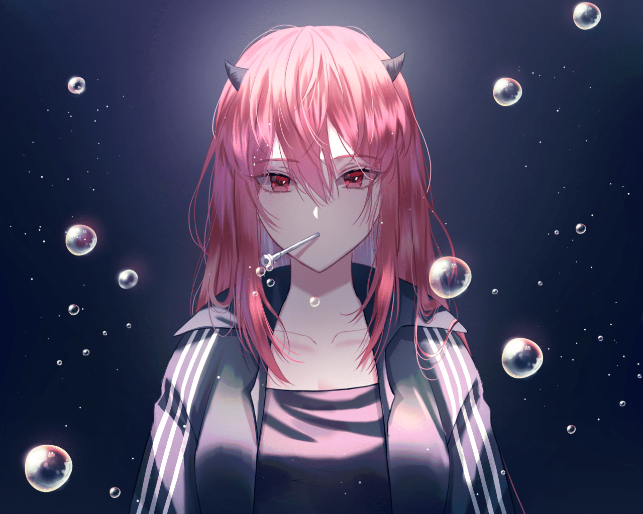 1280x1024 Download 1280x1024 Pink Hair, Anime Girl, Horns, Bubbles, Jacket