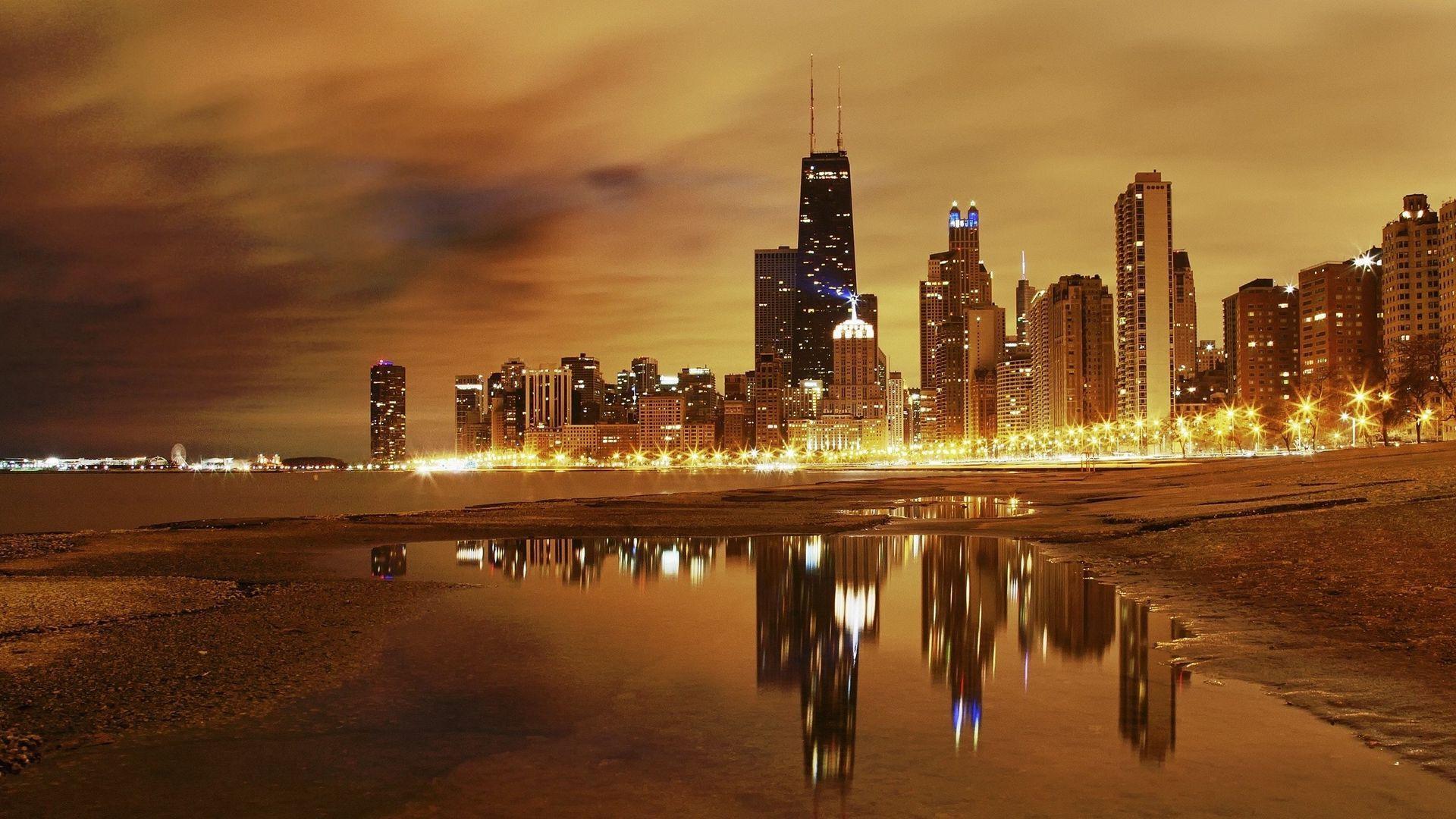 1920x1080 Download wallpaper 1920x1080 chicago, lights, city, night, beach