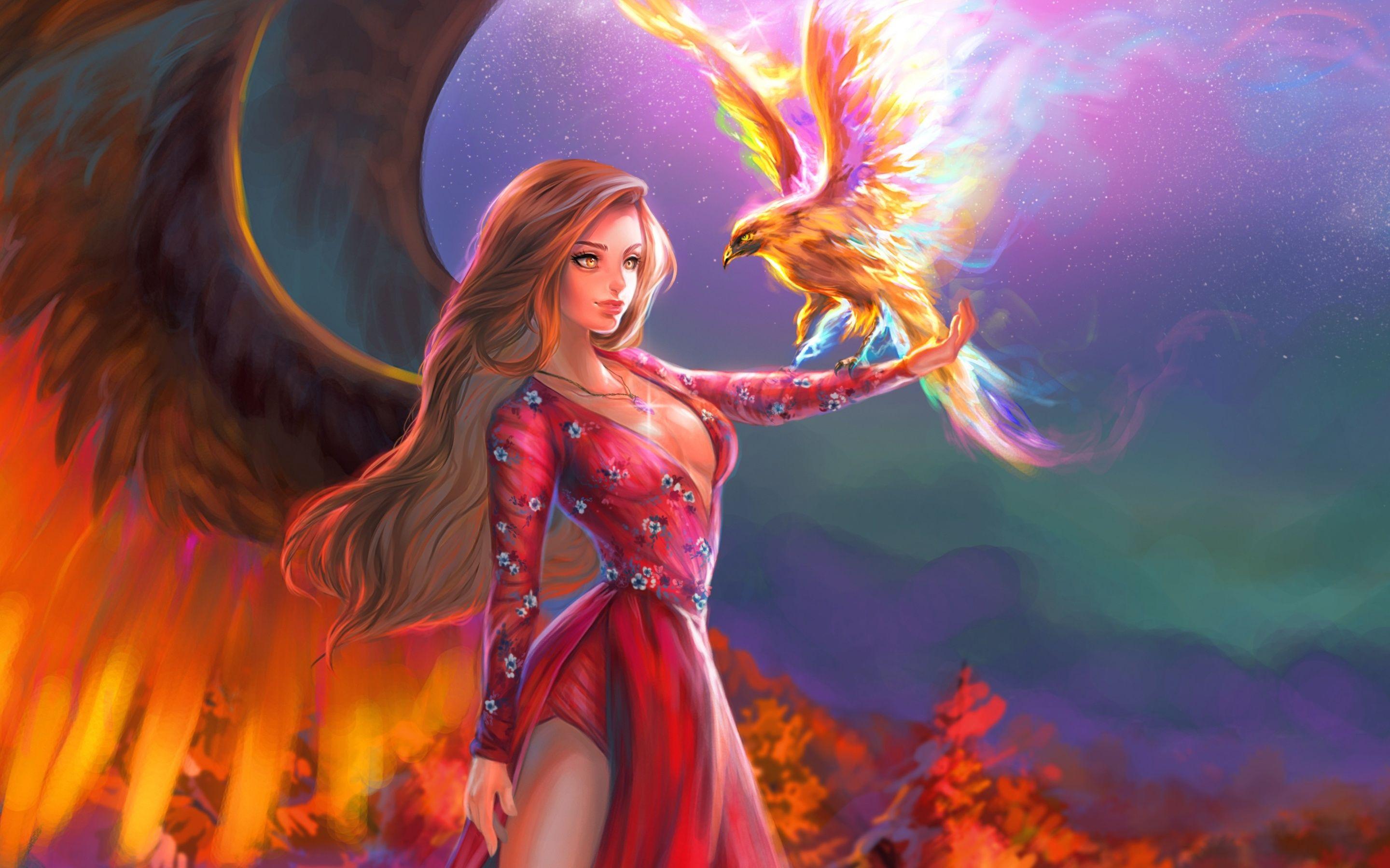 2880x1800 Mythology fantasy girl with a phoenix bird which is cyclically regenerating or being born again HD Wallpaper for Desktop :