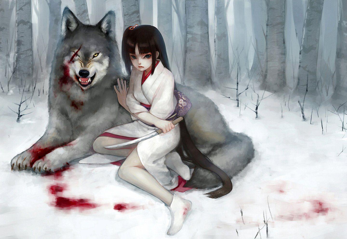 1440x990 Cô gái sói tóc dài tưởng tượng anime máu Kimono dao rừng tuyết