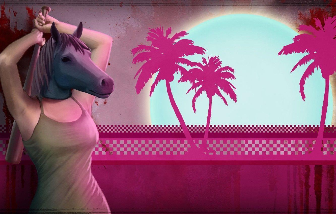 1332x850 Wallpaper palm trees, blood, horse, mask, bit, Hotline Miami