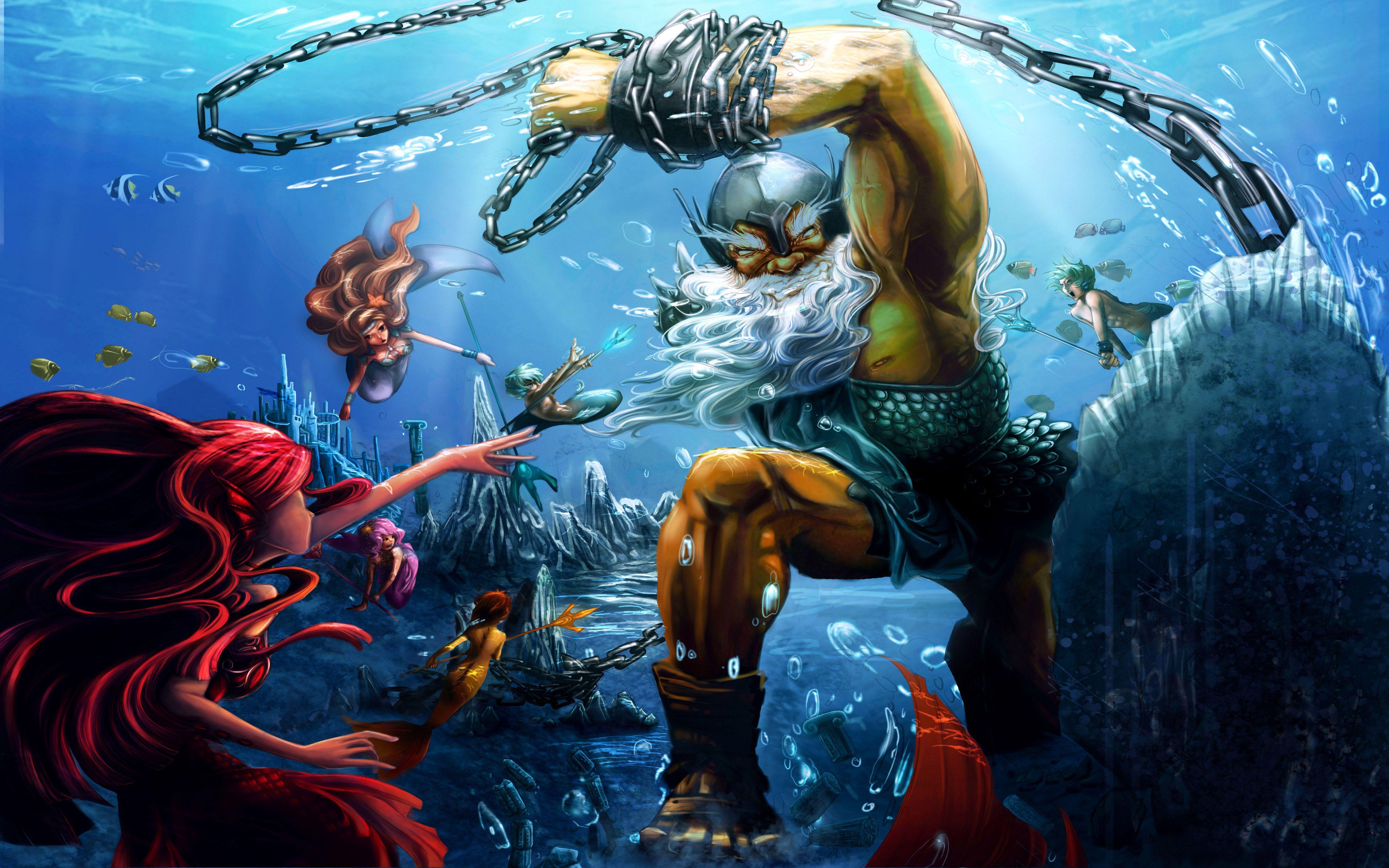 5200x3250 Mermaid Underwater World Fantasy Art Warriors Weapons Chain