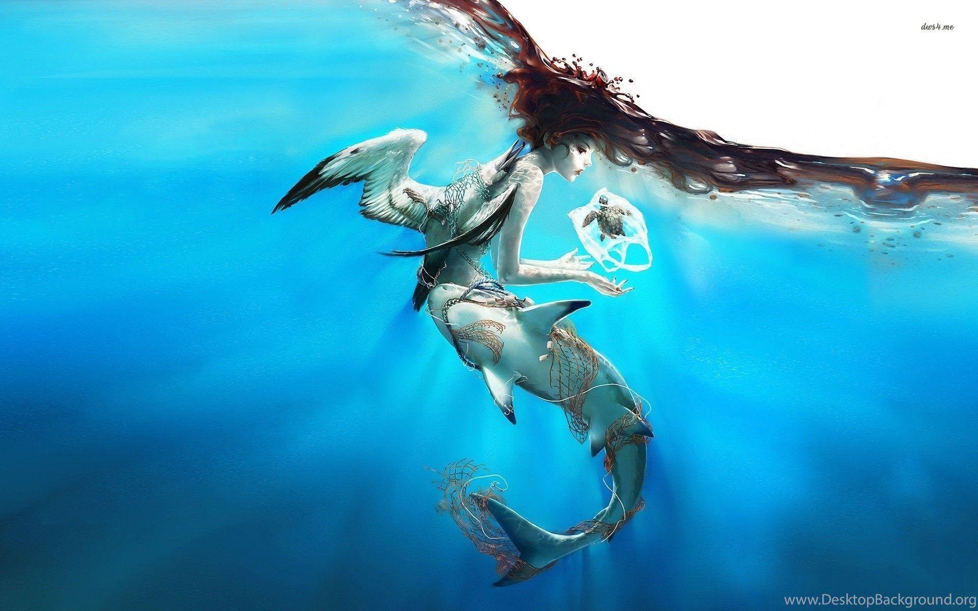 1920x1200 Mermaid, Shark, Bird And A Turtle Wallpaper Digital Art