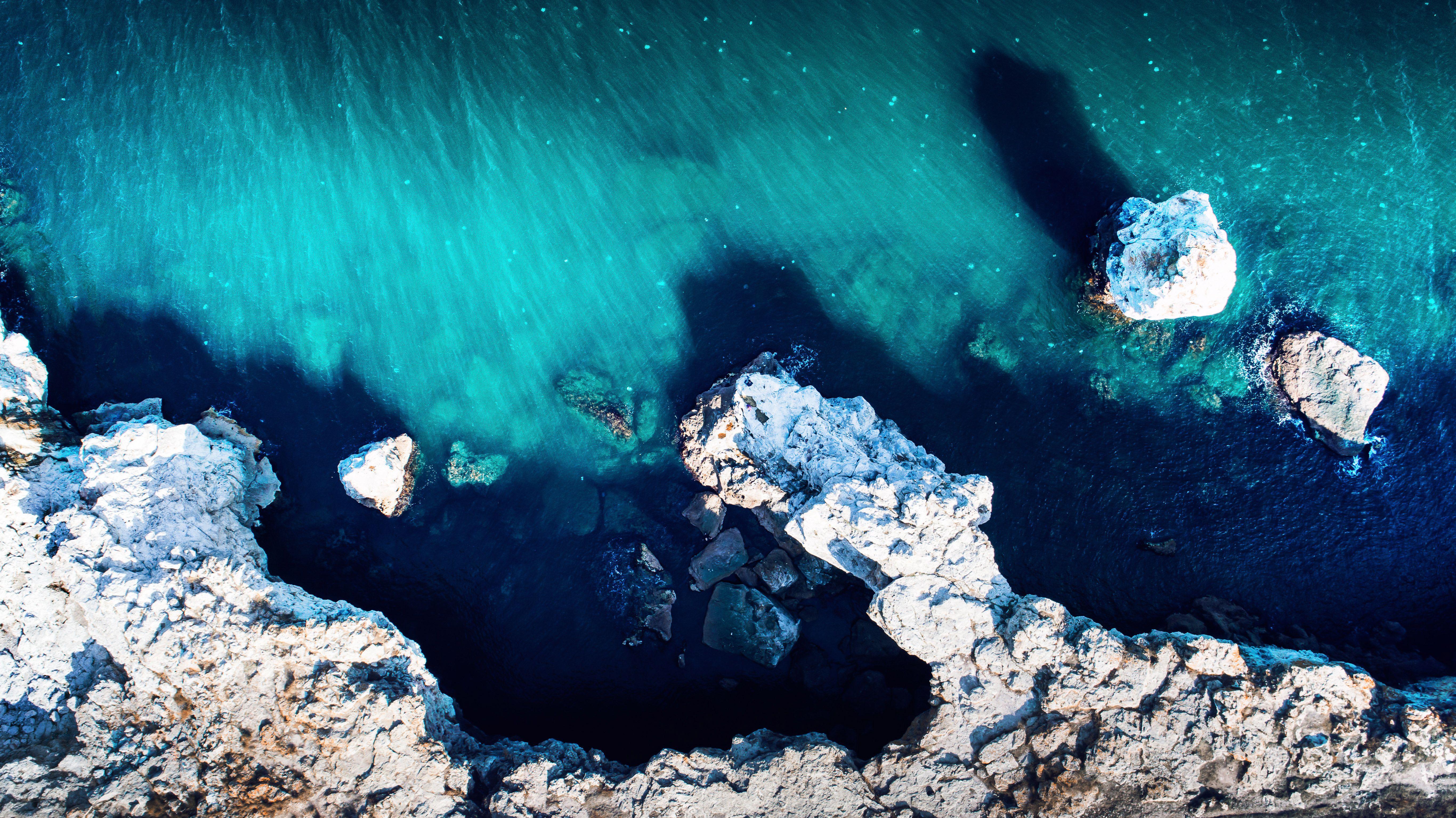 5464x3070 Wallpaper Rocks, Ocean, Cliff, Aerial view, HD, 5K, Nature
