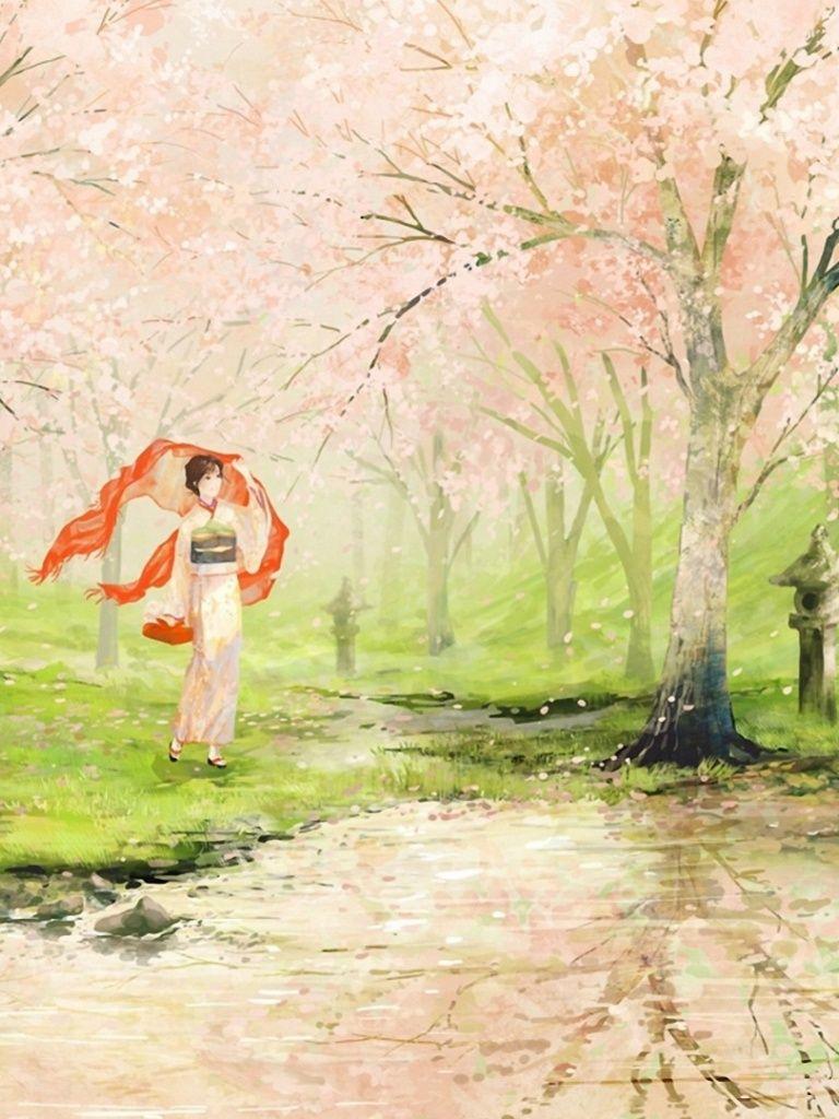 768x1024 Cherry Blossom Geisha Japan iPad mini wallpaper