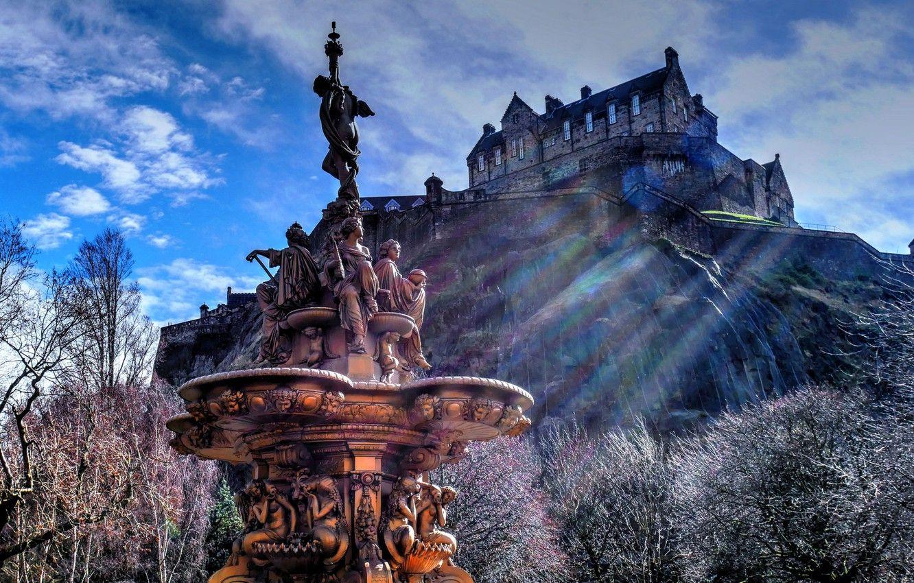 1332x850 Wallpaper trees, castle, Scotland, hill, fountain, Scotland