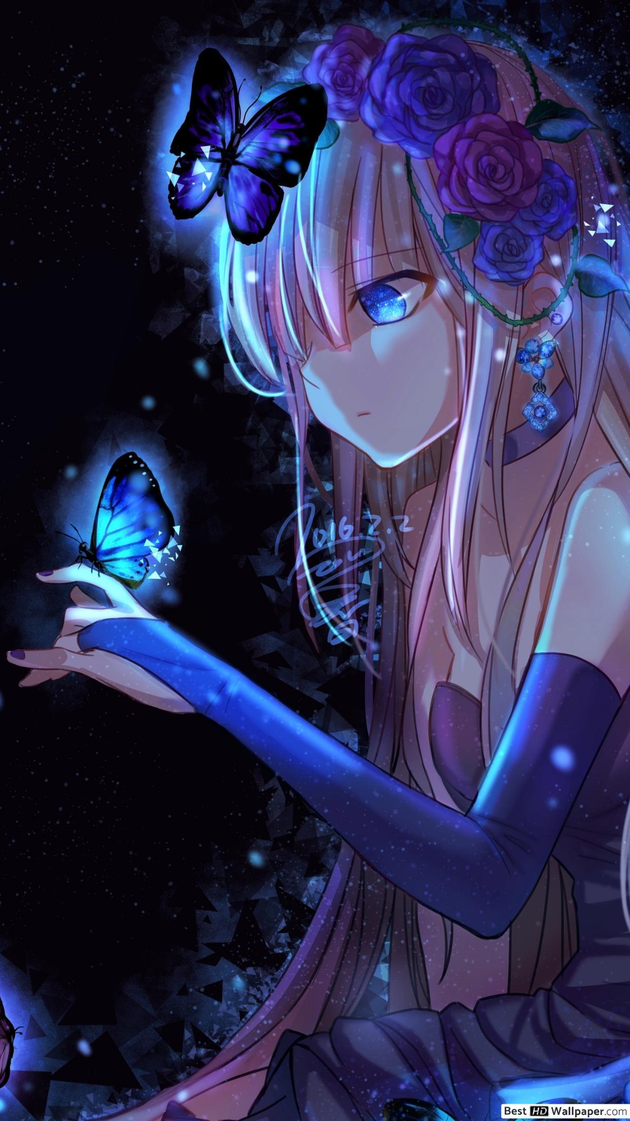 1242x2208 Anime Girl and Butterflies HD wallpaper download