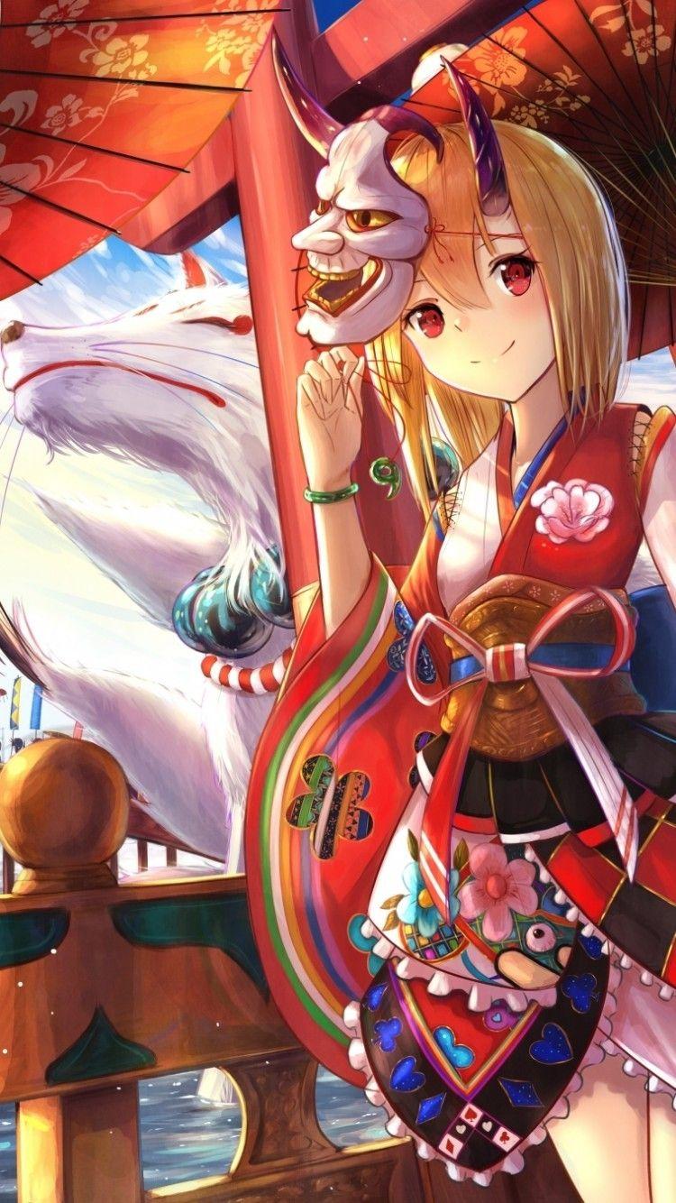750x1334 Download 750x1334 Anime Girls, Kimono, Demons, Shrine, Fox, Masks