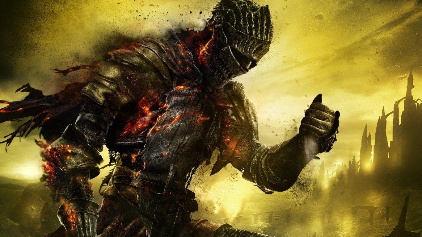 1366x768 HD Background Dark Souls III Armor Burning Fire Ash Art Wallpaper