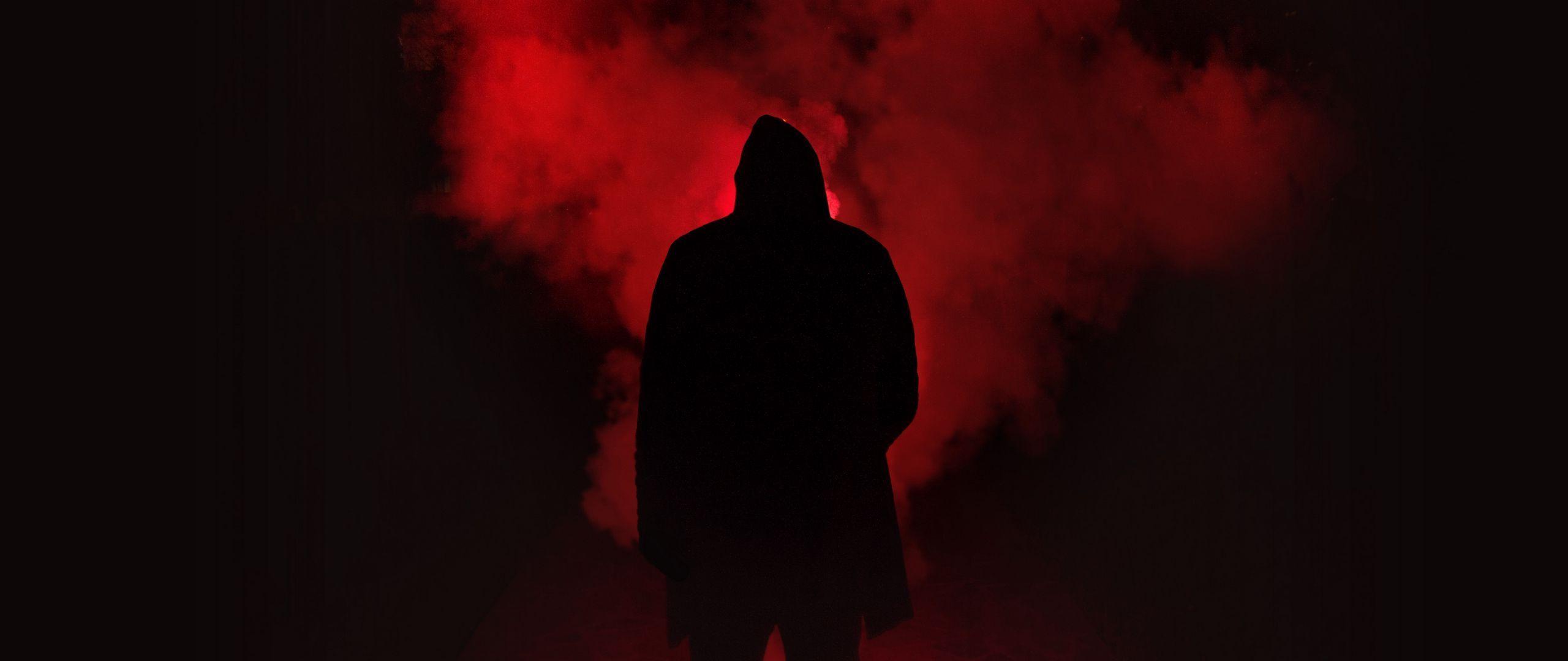 2560x1080 Download wallpaper 2560x1080 smoke, hood, silhouette, dark, red
