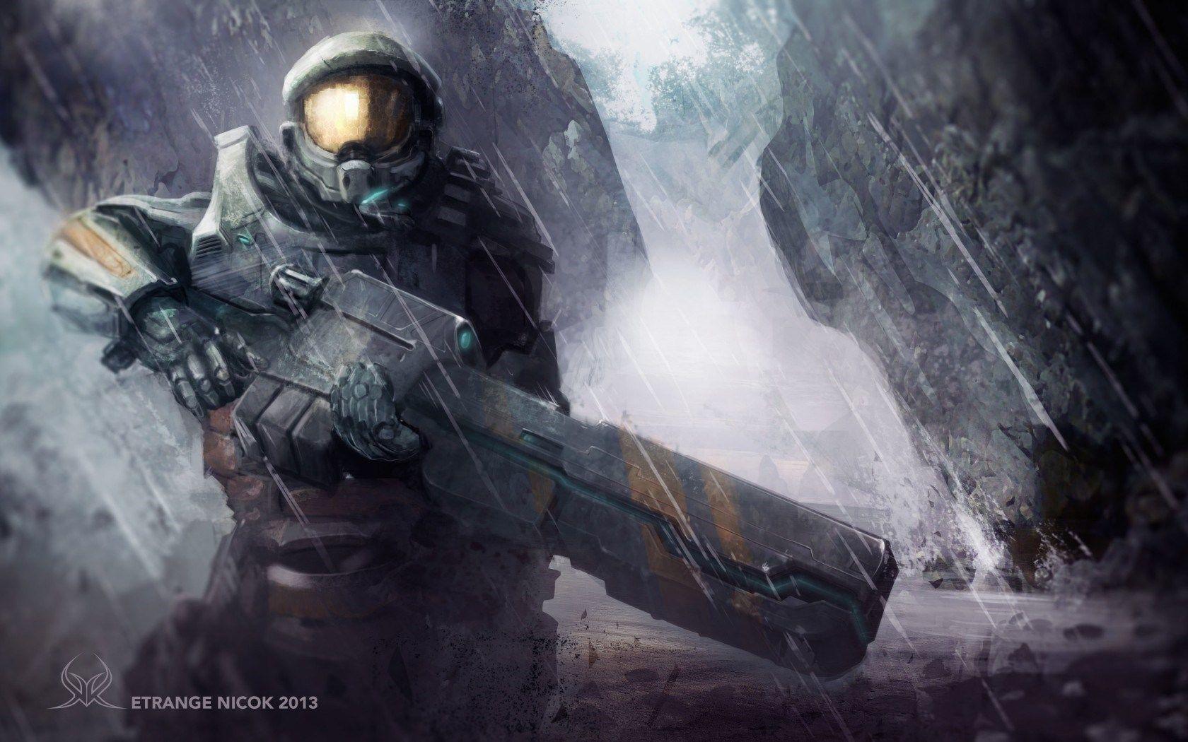 1680x1050 halo armor warrior weapon rain art HD wallpaper