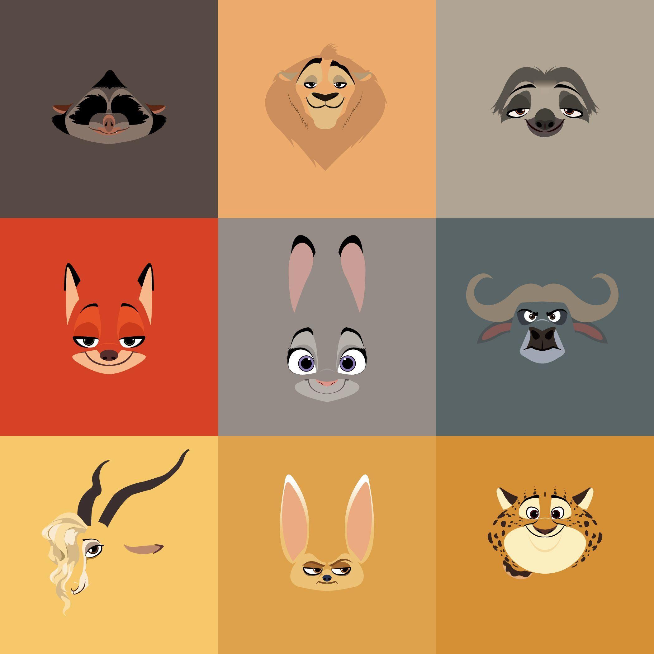 2100x2100 Zootopia minimalist character portraits. New Disney & Pixar