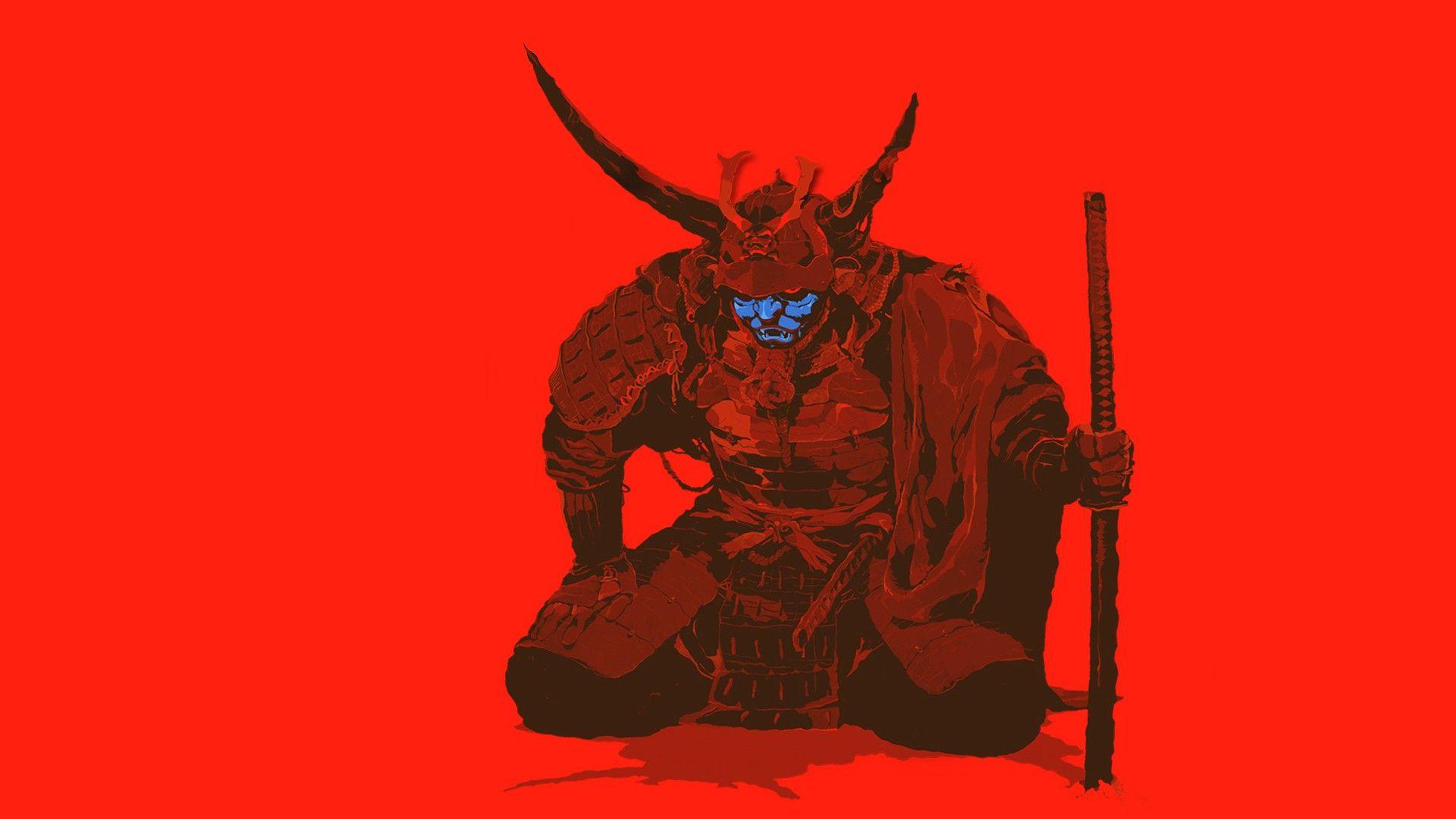 1920x1080 #artwork, #simple background, #sword, #samurai, #red