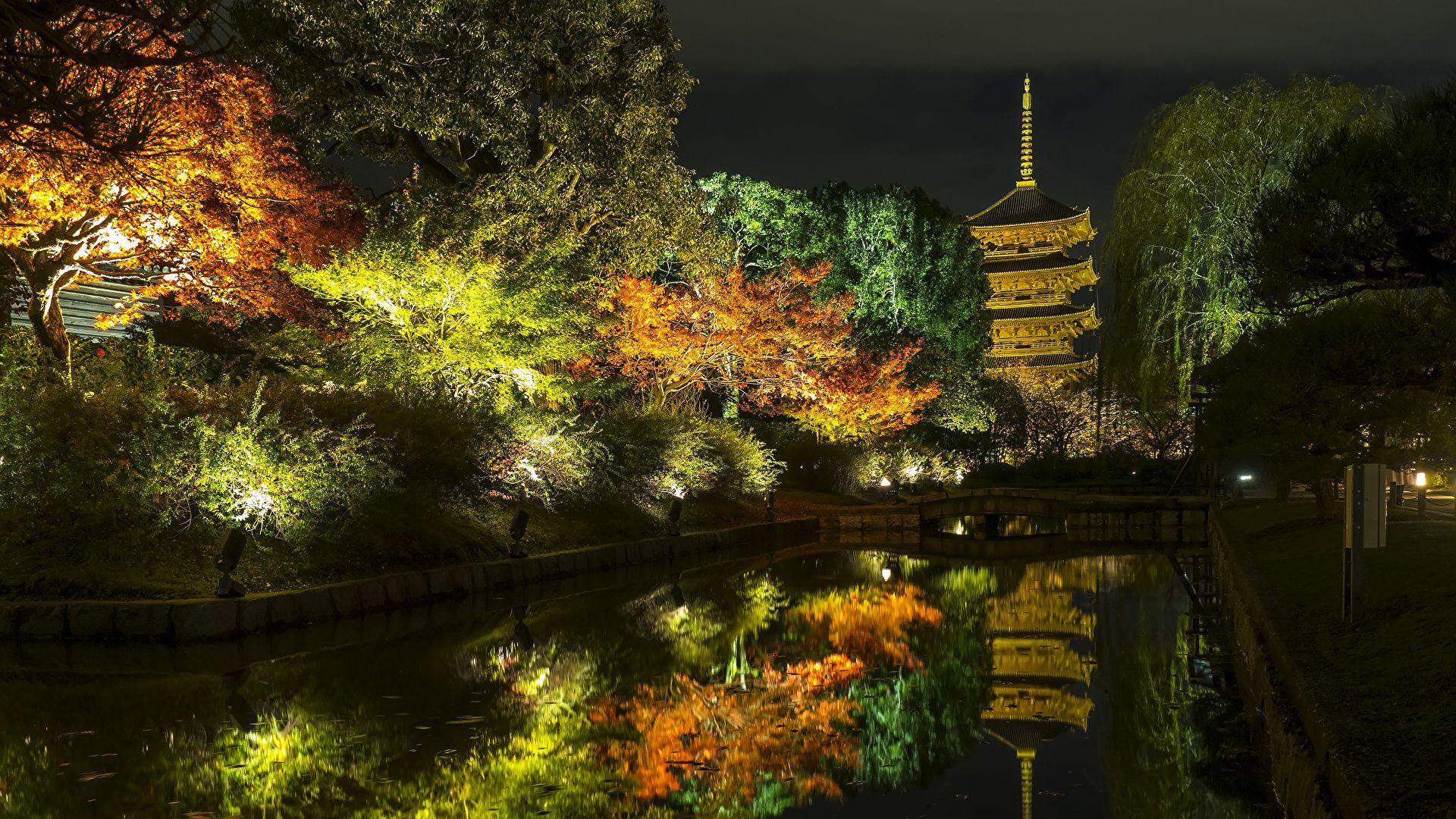 1920x1080 Image Kyoto Japan Nature Autumn Pond park night time 1920x1080