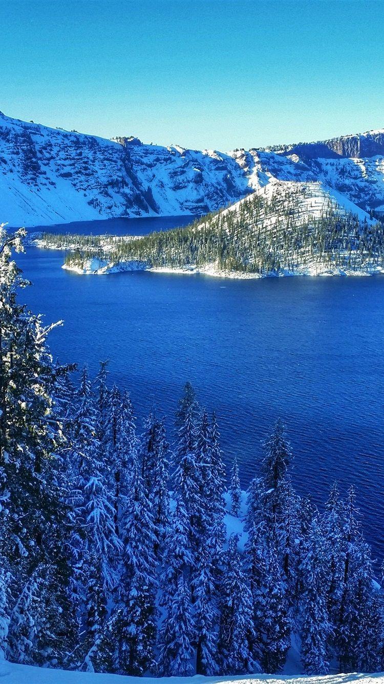750x1334 Crater Lake National Park, USA, mountains, snow, trees, island