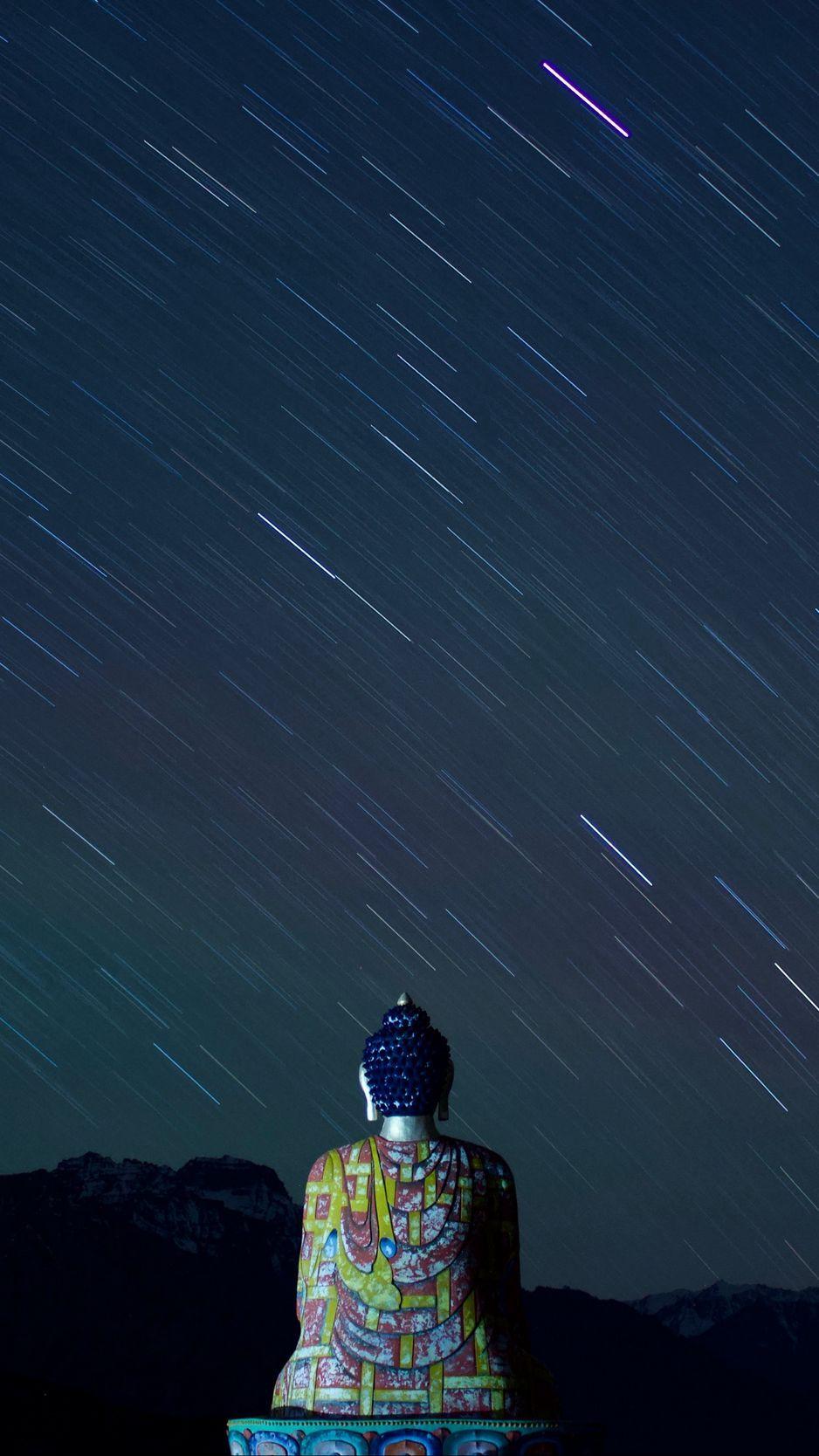 938x1668 Download wallpaper 938x1668 buddha, statue, buddhism, starry sky