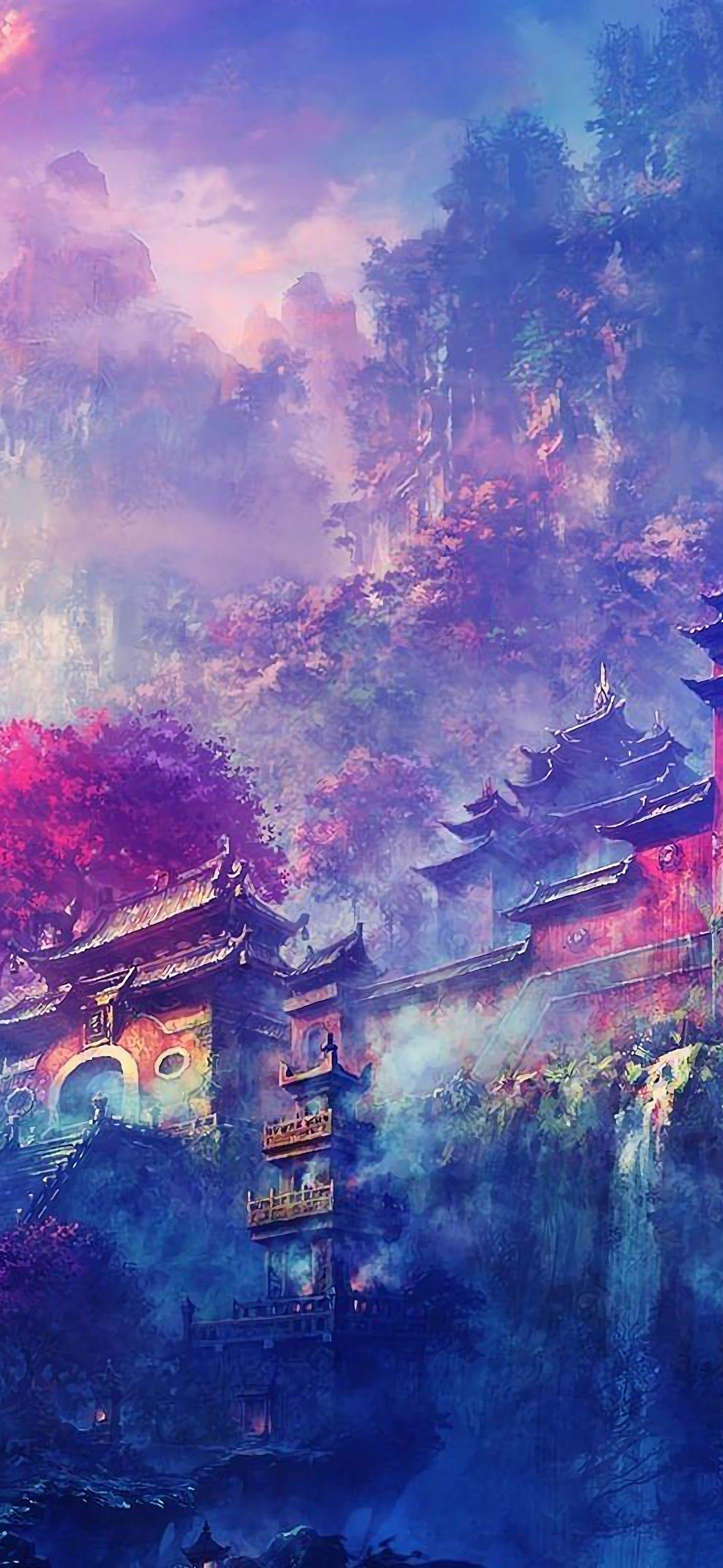 1440x3120 Buddha Oriental Castle Scenery Anime 4K Wallpaper