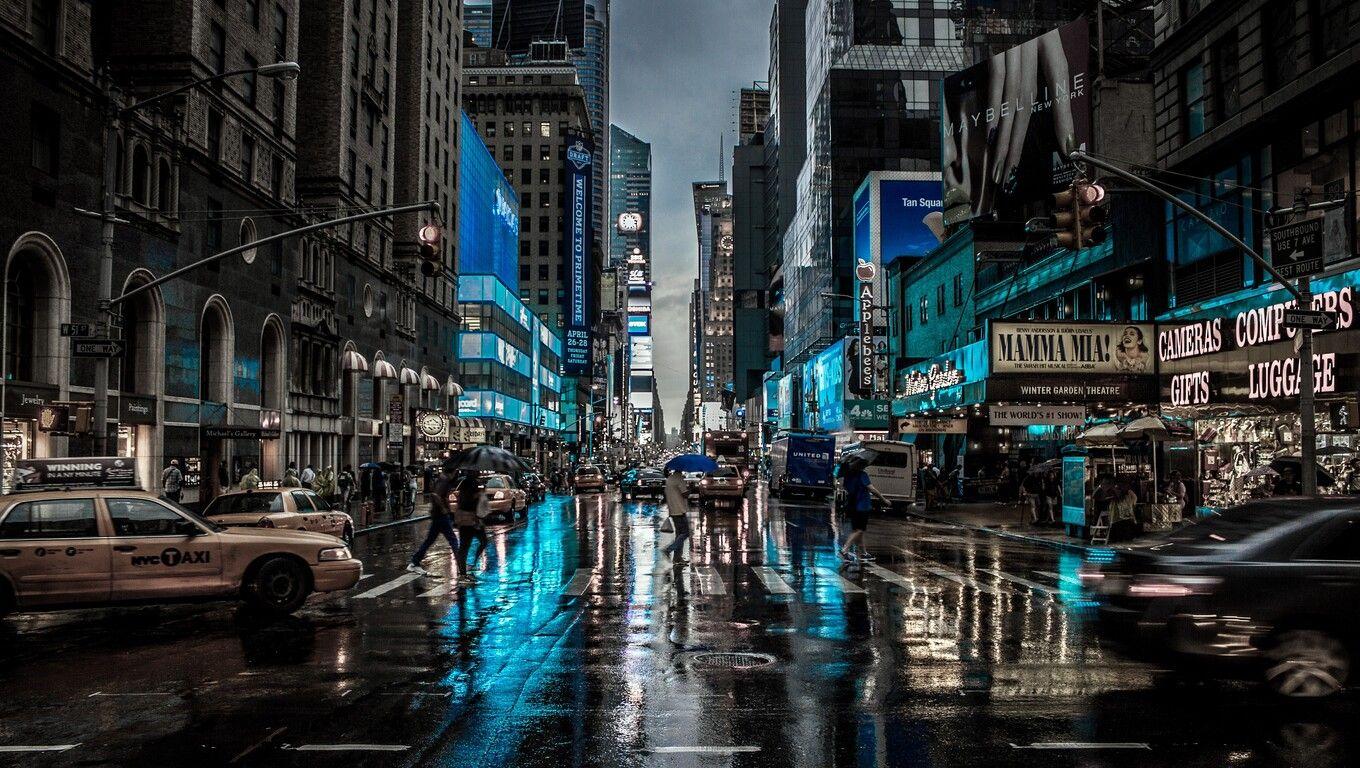 1360x768 New York City Street Reflection Motion Blur Dark 4k