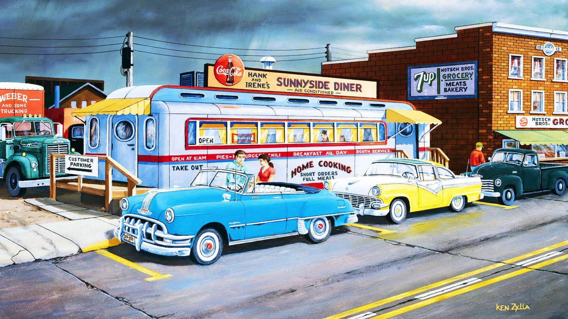 1920x1080 Cars People Street Diner Retro desktop PC and Mac wallpaper