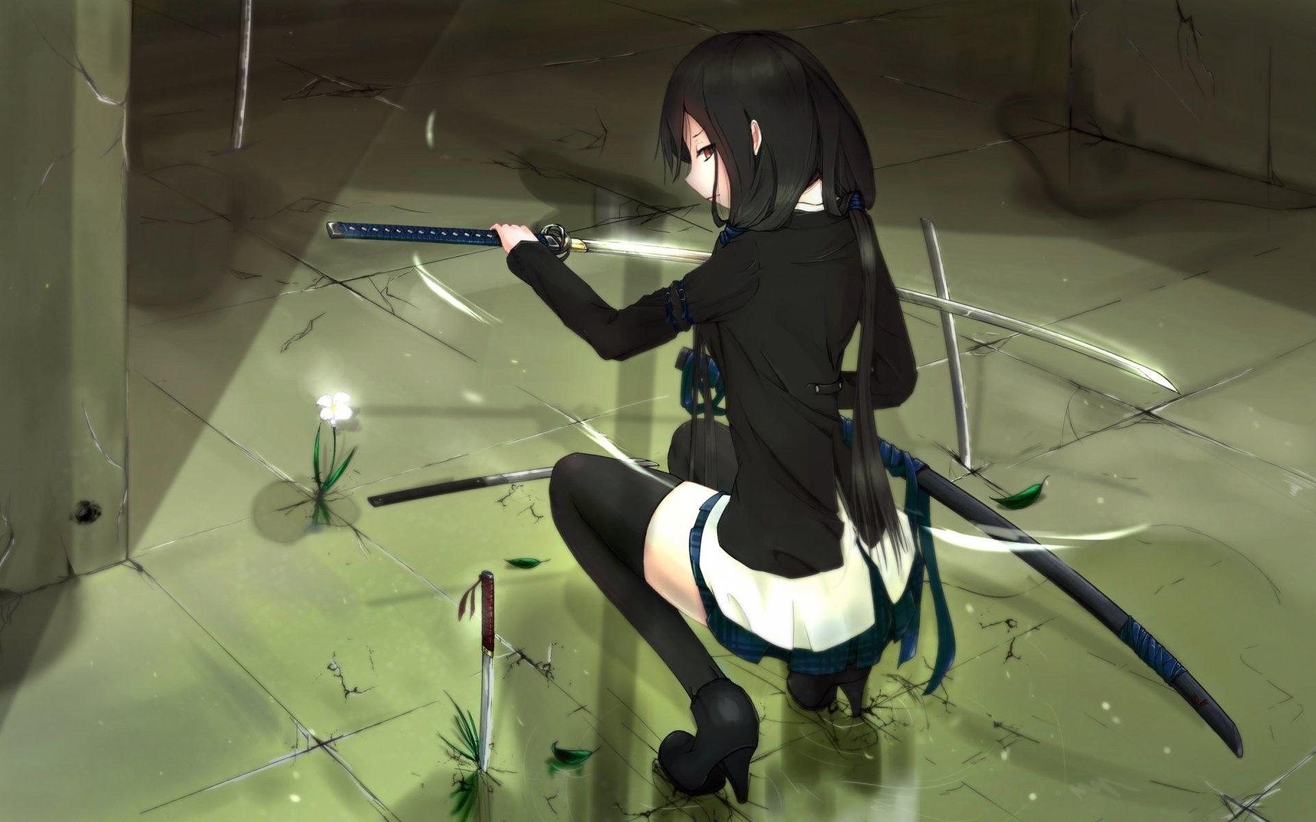 1920x1200 anime, Katana, Weapon, Sword, Anime Girls, Thigh highs, Original
