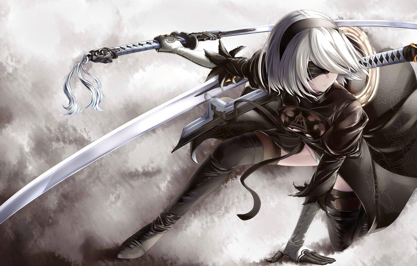 1332x850 Wallpaper kawaii, Microsoft, girl, sword, game, robot, dress