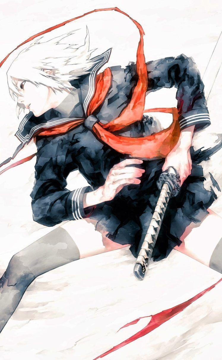 748x1210 school uniform, Anime girls, Weapon, Sword, Katana, Original