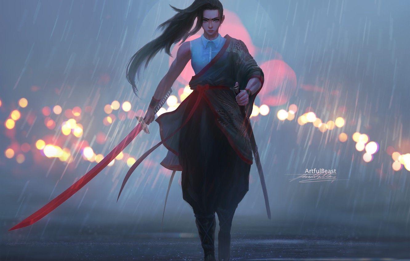 1332x850 Wallpaper girl, sword, fantasy, rain, weapon, blue eyes, ponytail